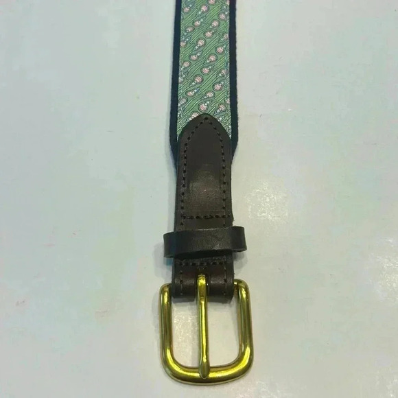 Vineyard Vines belt green w/lacrosse sticks canvas leather solid brass buckle - Picture 1 of 7